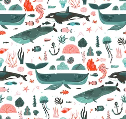 Vlies Fototapete Meerestiere Handgezeichnete Vektor abstrakte Cartoon-Grafik Sommerzeit Unterwasser Ozean Boden Illustrationen nahtlose Muster mit Korallenriffen, Schönheit große Wale, Killerwal Algen isoliert auf weißem Hintergrund