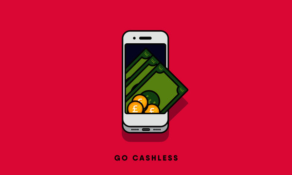 UK Pound Currency Money Coming Out Of Phone. Vector Illustration. Pay My MobileGo Cashless Concept.