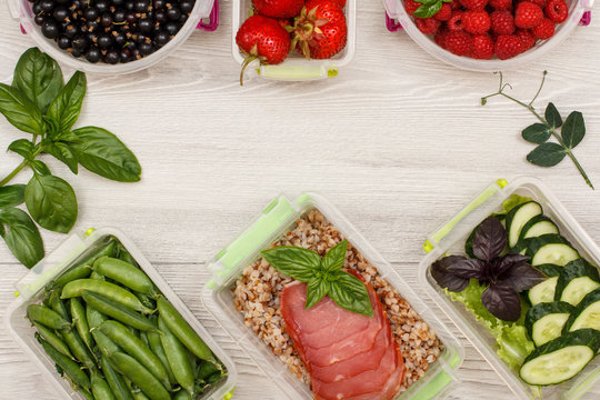 Plastic Meal Prep Containers Green Peas, With Boiled Buckwheat Porridge And Slices Of Meat, Fresh Cucumbers And Salad, Currant, Strawberry, Raspberry