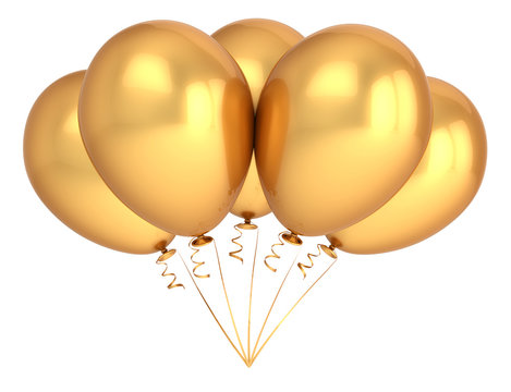 golden party balloon five 5. birthday decoration luxury, yellow helium balloons bunch shiny. holiday, anniversary, celebration symbol. 3d illustration