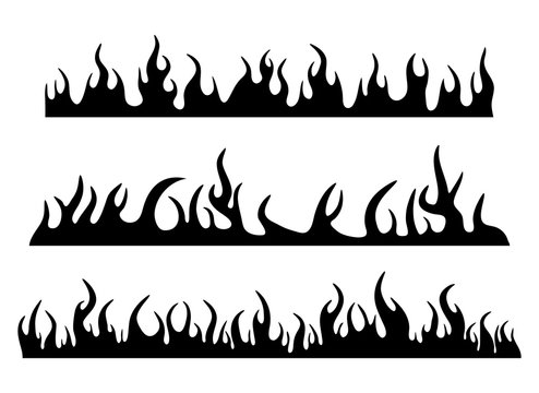 Burning fire flame silhouette set banner horizontal design isolated on white