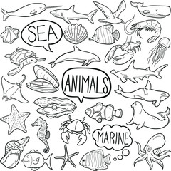 Sea Animals Wildlife Doodle Icon Hand Draw Line Art