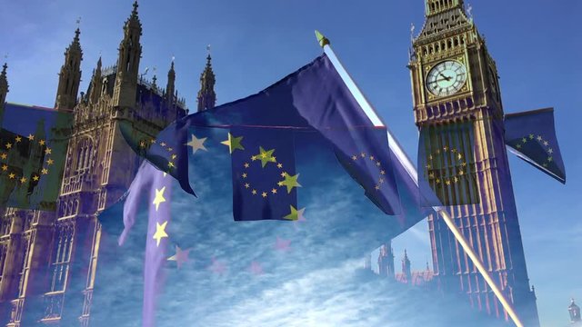 European Union flag flying in front of Westminster Palace in London with EU flag bunting in a double exposure overlay