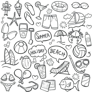Summer Beach Day Doodle Icon Hand Draw Line Art