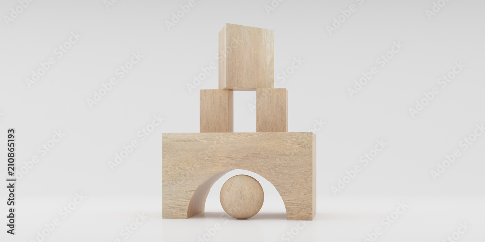 Poster abstract concept of wooden cubes toy isolated on white background, 3d rendering