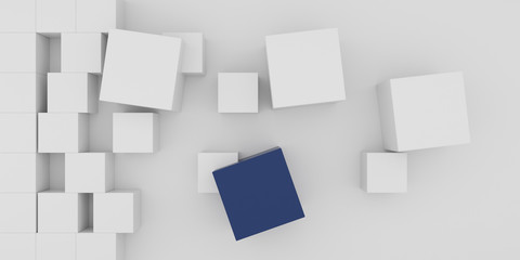 Abstract concept of white and blue cubes toy isolated on white background, 3d rendering