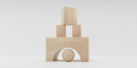 Abstract concept of wooden cubes toy isolated on white background, 3d rendering