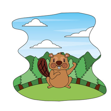 cute beaver in forest landscape