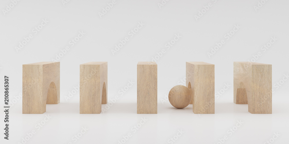 Poster abstract concept of wooden cubes arch and small sphere toy isolated on white background, 3d renderin