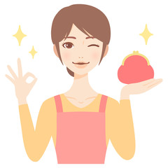 がま口財布を持つやりくり上手な若い主婦　エプロン　美人　フラット　イラスト