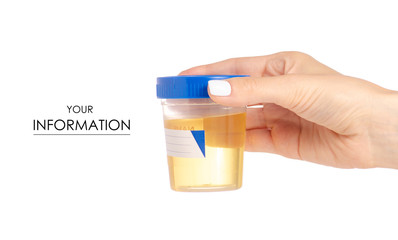 Plastic container with urine in hand analysis pattern on white background isolation