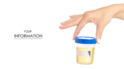 Plastic container with urine in hand analysis pattern on white background isolation