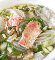 Closeup of Vietnamese food, Pho bo, hot traditional beef broth soup noodle