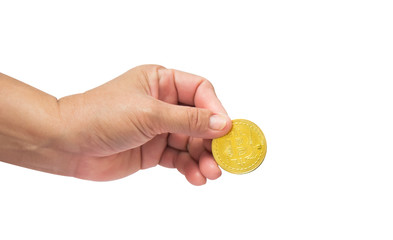 Man hand are holding bitcoin - white background