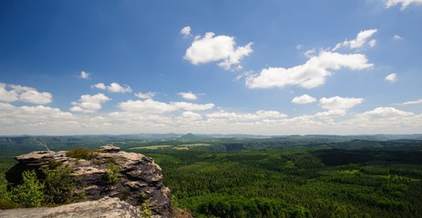 Summer landscape with forests, meadows rocks and sky