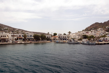 Fototapeta na wymiar A view of a Greek island, Leros from a catamaran in summer