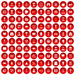 100 business career icons set in red circle isolated on white vector illustration