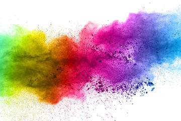 Multicolor powder explosion on white background. Colored cloud. Colorful dust explode. Paint Holi