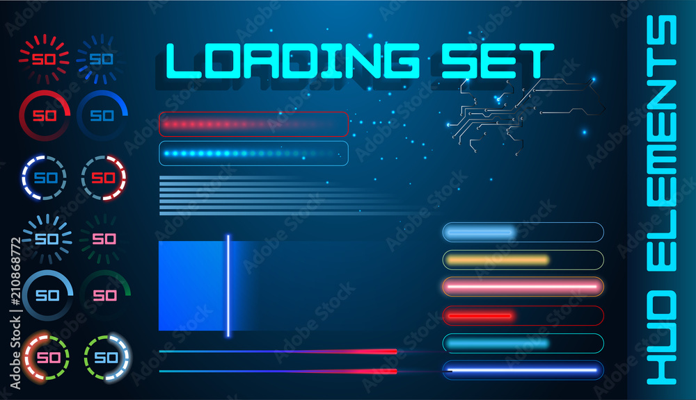 Poster hud futuristic element loading bars set vector background. abstract big pack user interface progress