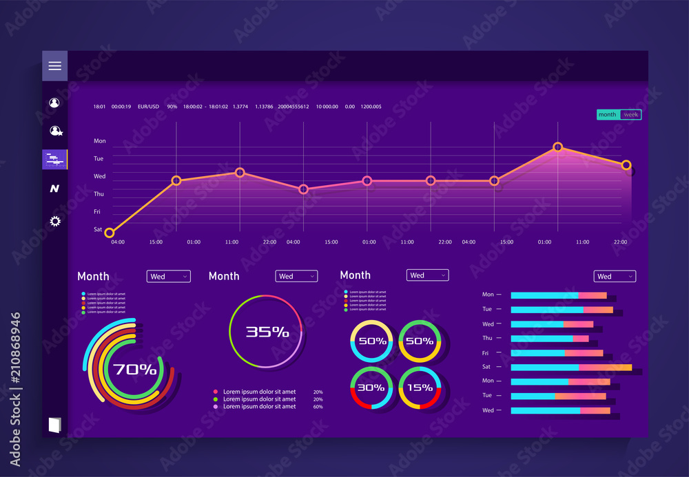 Leinwandbilder infographic dashboard template with flat design graphs and charts.
