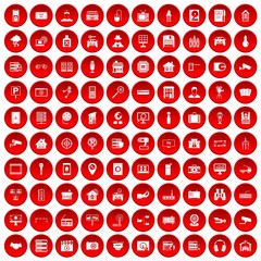 100 camera icons set in red circle isolated on white vector illustration