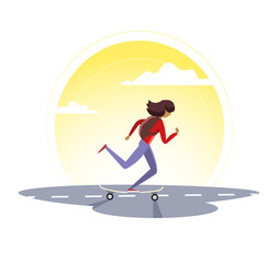 Girl riding longboard at sunset. Vector illustration