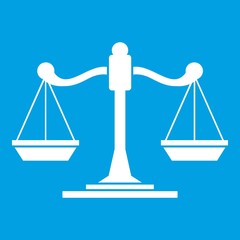 Scales of justice icon white isolated on blue background vector illustration