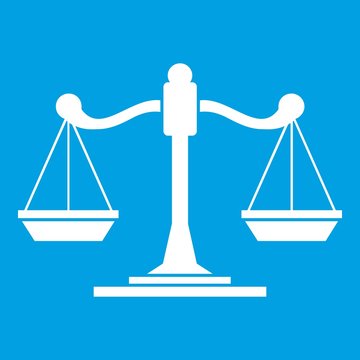 Scales of justice icon white isolated on blue background vector illustration