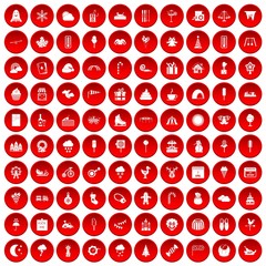 100 childrens parties icons set in red circle isolated on white vector illustration