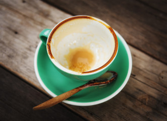 Cup of cappuccino coffee empty on dark wooden