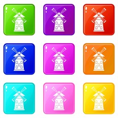 Windmill icons of 9 color set isolated vector illustration