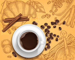 Vector 3d realistic coffee cup with cinnamon, beans on vintage hand drawn illustration with grinder, croissant. Breakfast concept. Beverage menu for restaurant, background