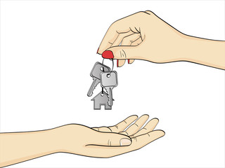 Isolated object on white background. The woman hand of the realtor passes the keys to the new homeowner. Vector