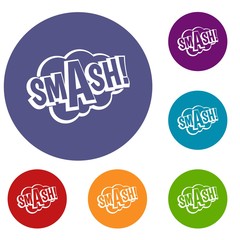 SMASH, comic book bubble text icons set in flat circle red, blue and green color for web