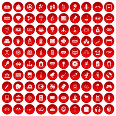 100 entertainment icons set in red circle isolated on white vector illustration