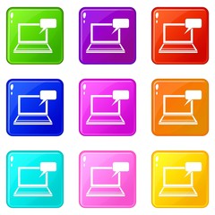 Laptop with bubble speech icons of 9 color set isolated vector illustration