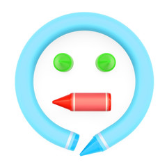 Colored wax crayons assembled like face, emoji, emoticon on white background, 3D rendered