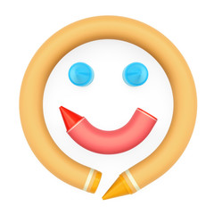 Colored wax crayons assembled like face, happy emoji emoticon on white background, 3D rendered