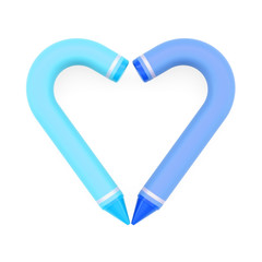 Colored wax crayons assembled like symbol of blue heart on white background, 3D rendered