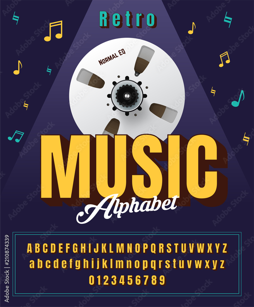 Fototapete Stylized bold abstract retro alphabet and font of 80s, 90s in soft color with realistic audio tape reel.