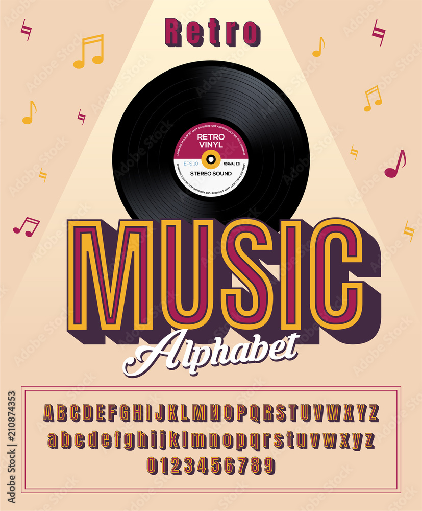 Fototapete stylized classic abstract retro alphabet and font of 80s, 90s in soft color with realistic vinyl rec