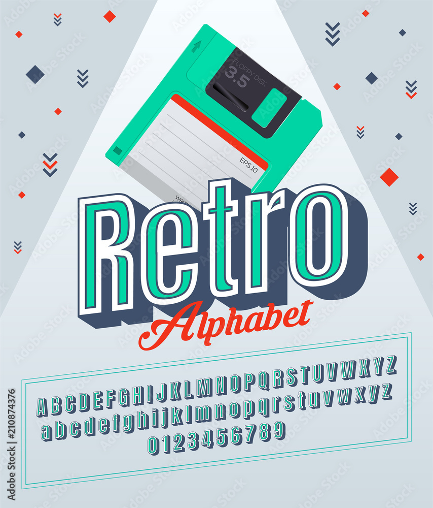 Fototapete stylized classical italic abstract retro alphabet and font of 80s, 90s in soft color with realistic 