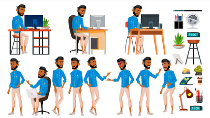 Arab Man Set Office Worker Vector. Emirates, Qatar, Uae. Muslim. Islamic. Emotions, Gestures. Set. Lifestyle. Arabic Business Person. Front, Side View. Career. Modern Employee, Workman. Illustration