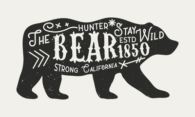 The Bear - vintage poster template. Silhouette of bear with text isolated on a white background. Retro poster with grunge texture. Vector illustration
