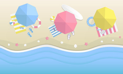 Three umbrellas, blue, red and yellow with beach items. Top view beach background. Trendy Summer background, banner. Vector illustration
