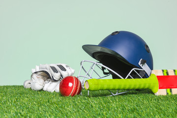 Cricket equipment on grass