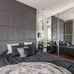 Luxurious bedroom with mirrored wardrobe