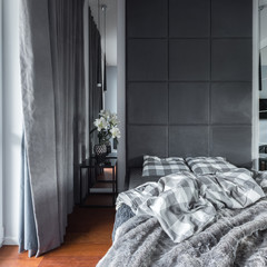 Gray bedroom with double bed