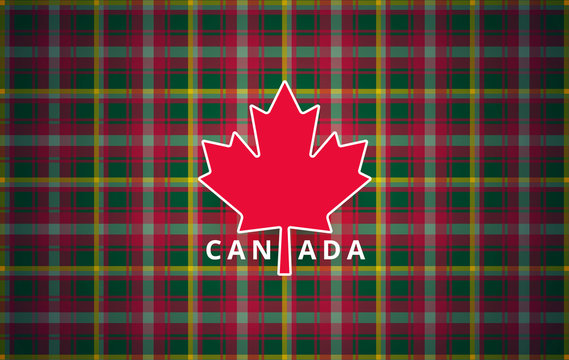 Canada Day greeting card background with Canadian red maple leaf on the Canadian national tartan vector background