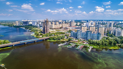 Aerial view of the Dnieper river with its left bank in Kiev, Ukraine